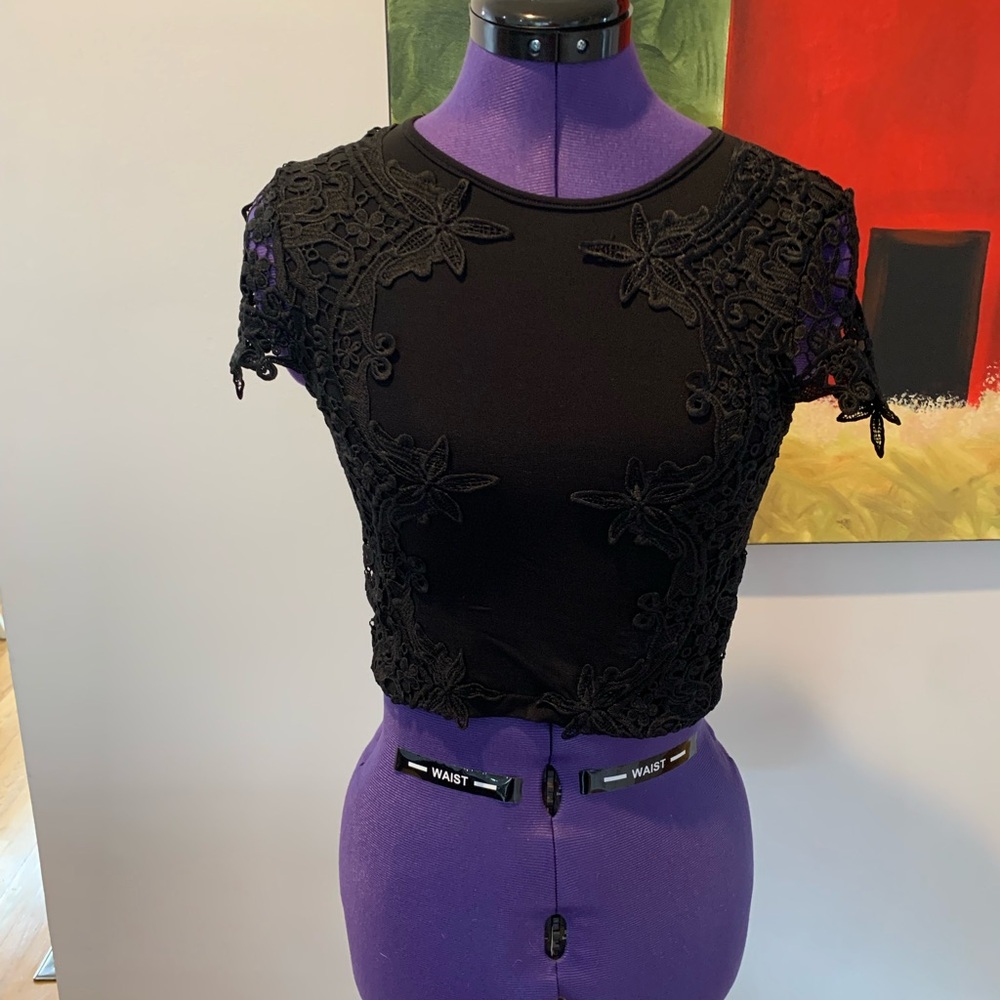 Free People Cap Sleeve Sheer Mesh Lace Embellished Crop Top